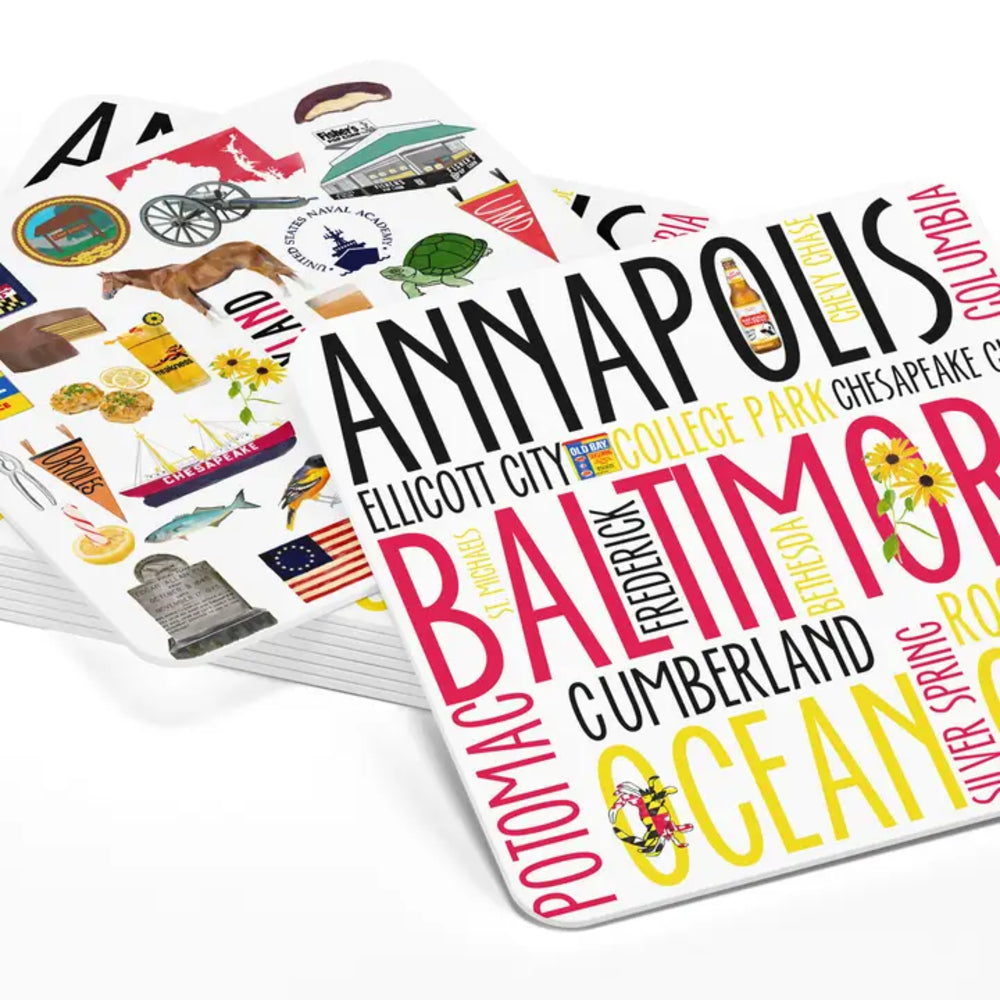 Set of coasters with city names and icons on a white background