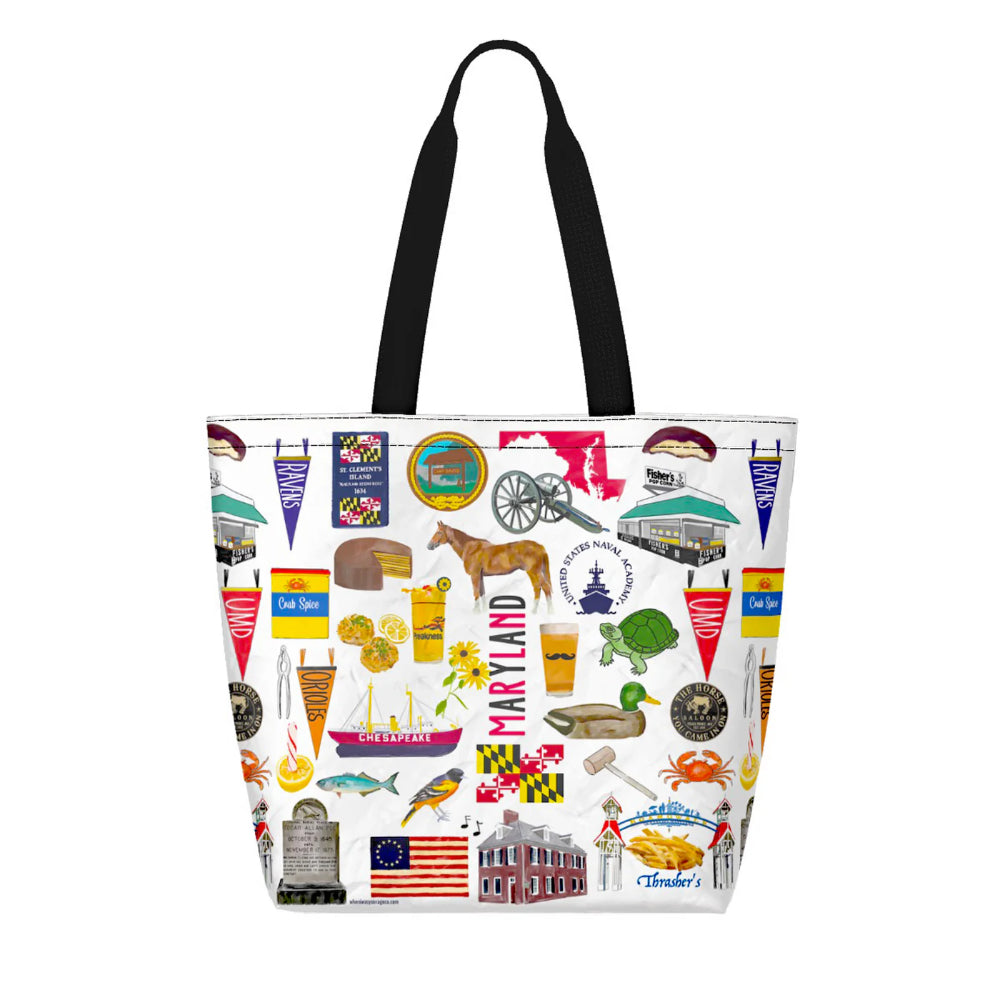 Tote bag with Maryland-themed design on a white background