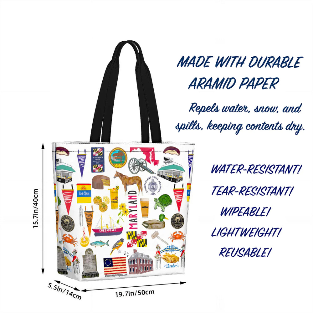 Reusable tote bag with Maryland-themed design, featuring text on durability and features.