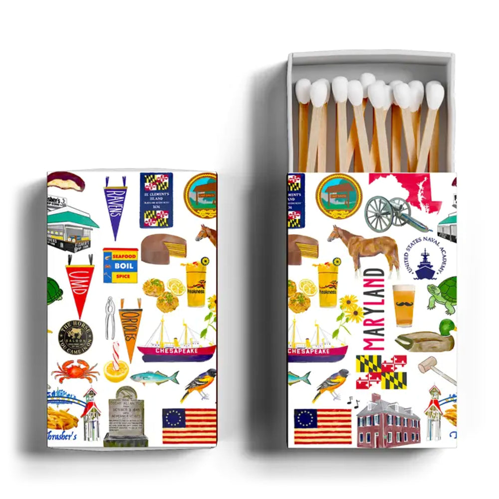 Matchbox with Maryland-themed illustrations on a white background