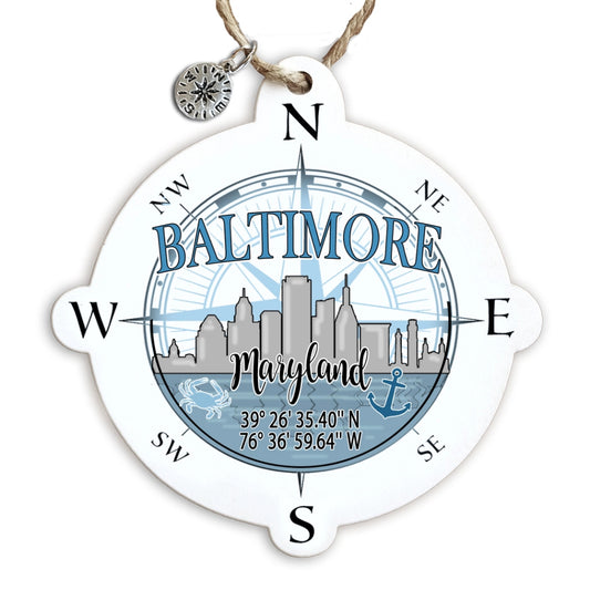 Map Mom Wood Compass Skyline Ornament - Baltimore Md