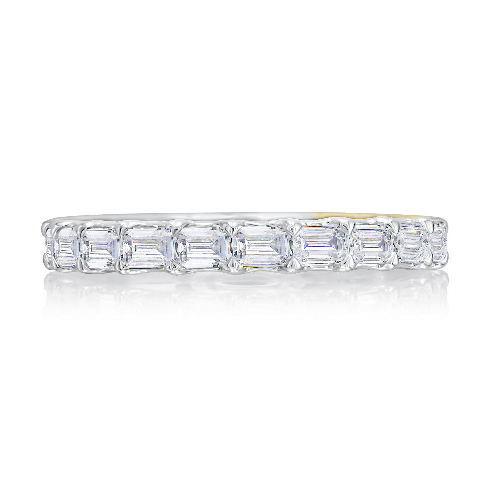 Diamond eternity ring with baguette-cut diamonds on a white background