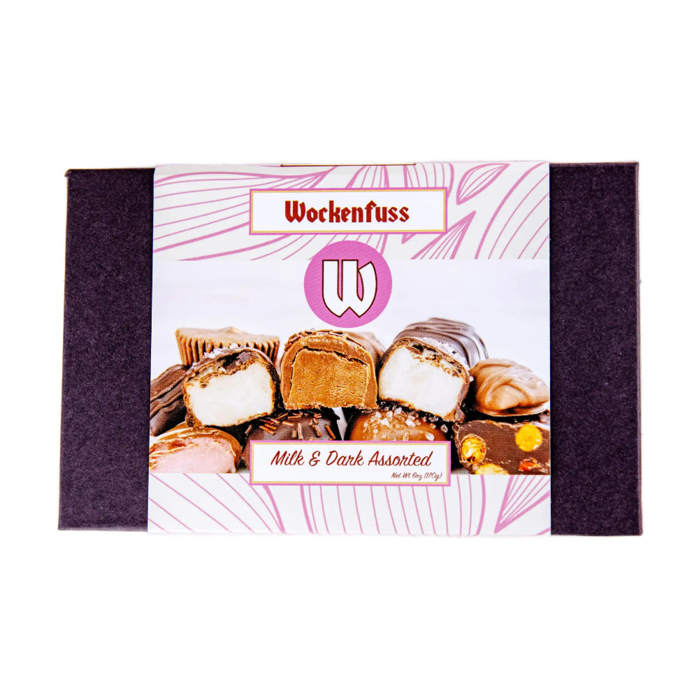 Box of Wockenfuss Candies Milk & Dark Assorted Chocolates 6 oz Box on a white backround. 