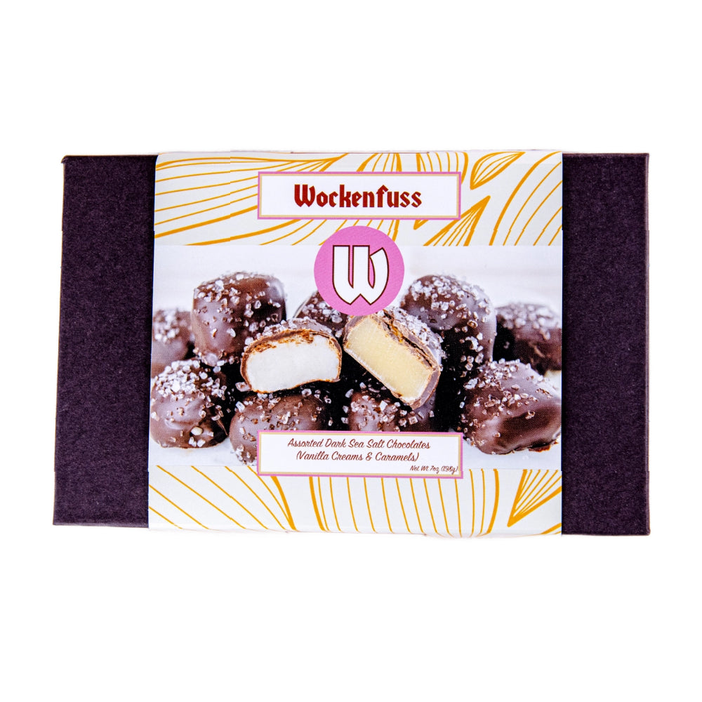Assorted box of Wockenfuss Dark Sea Salt (Vanilla Creams and Caramels) on a white backround. 