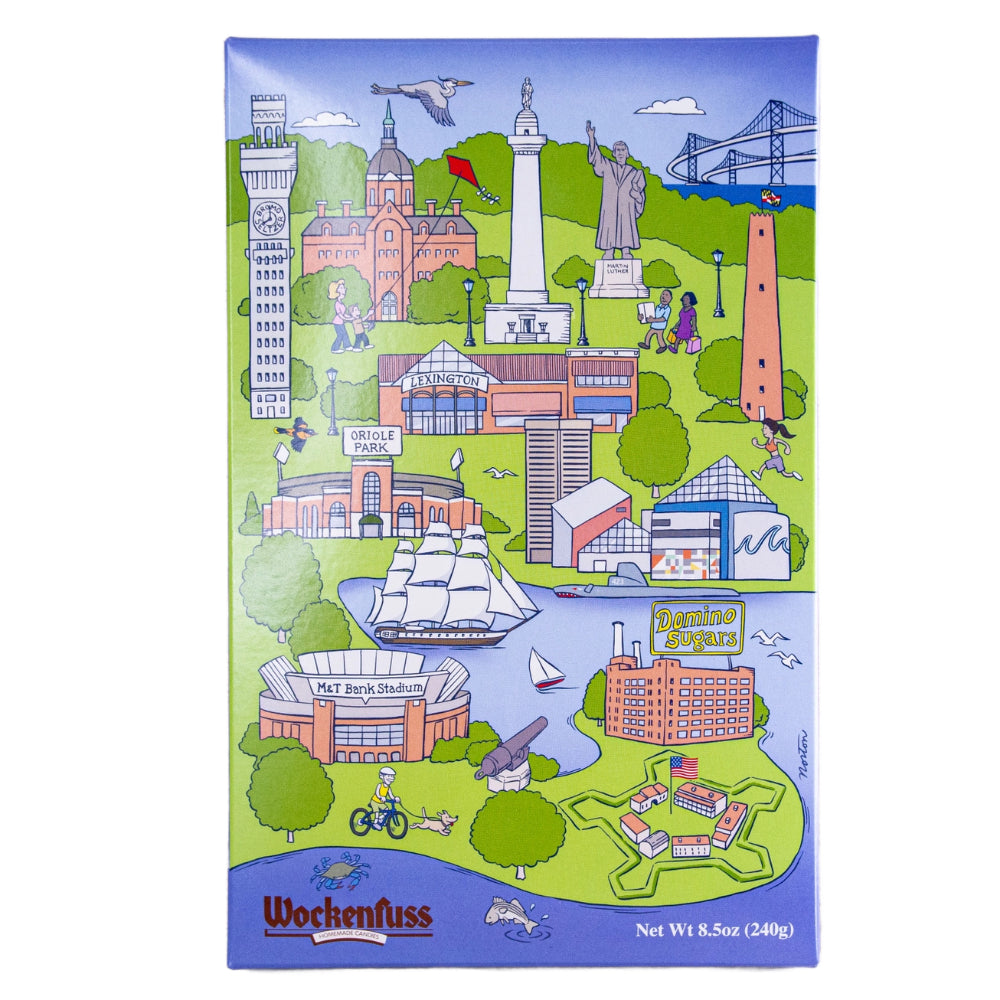 Wochenfuss candy box with a colorful illustration of a baltimore cityscapes on a white background.