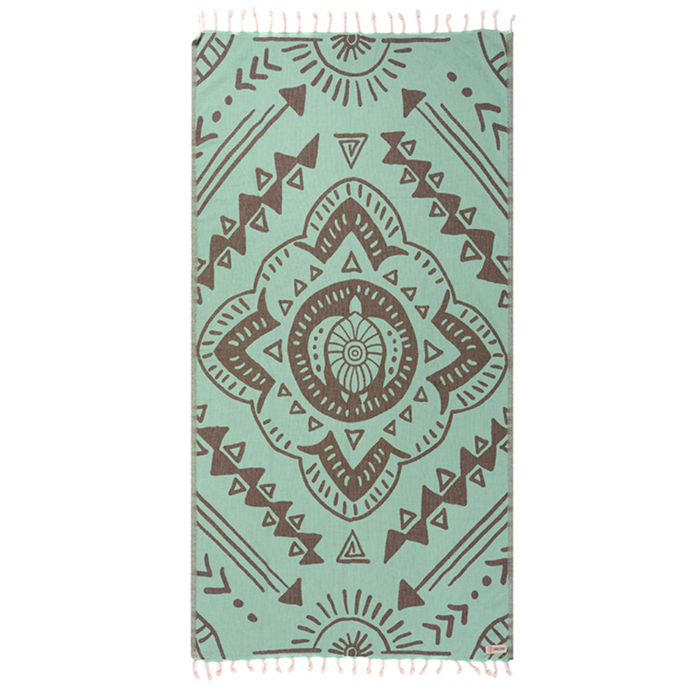 Mint green towel with brown geometric pattern on a white background