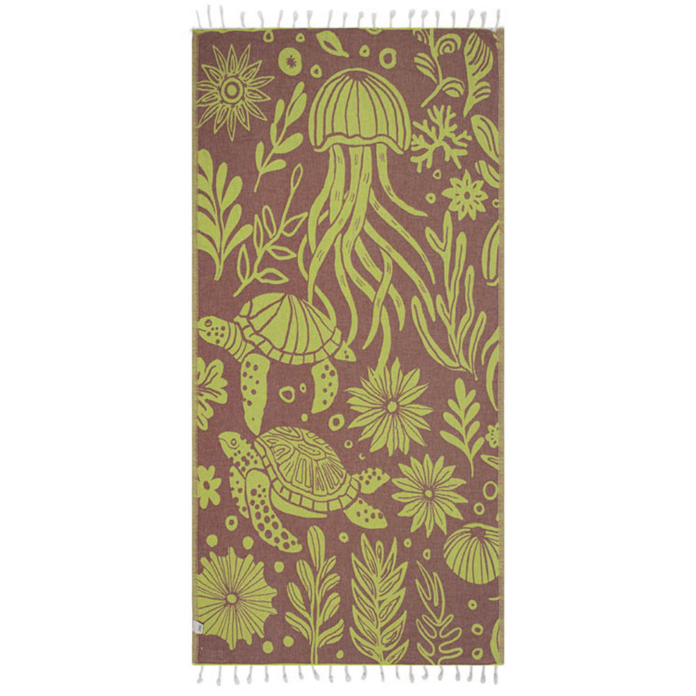 Side two of a green and brown  towel with brown sea turtle and jellyfish pattern with a white tassel edge on a white background.