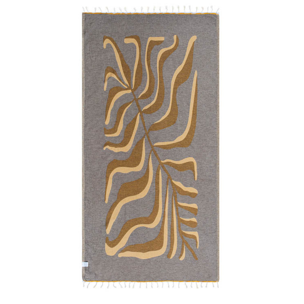 Side two of a reversible yellow beach towel with a yellow  abstract leaf pattern on a gray base color on a white background.