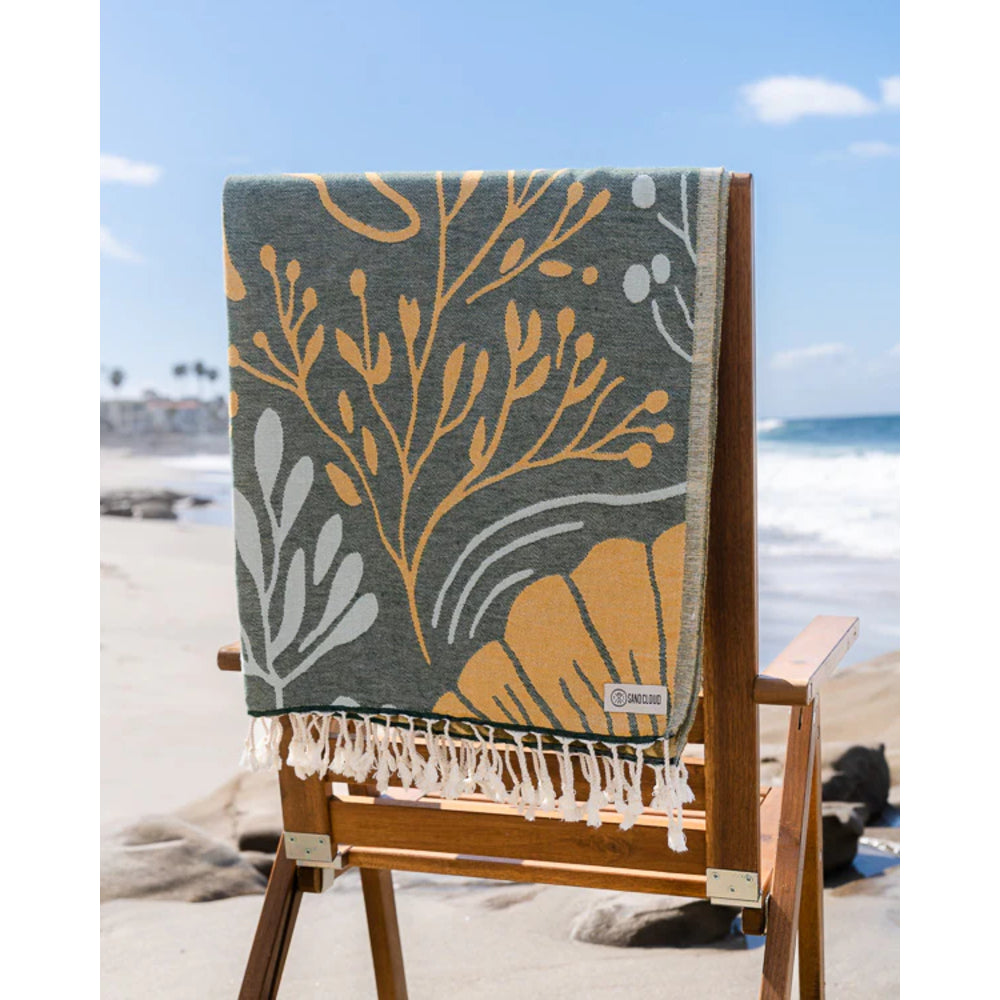 A large blue and gold towel with celestial design on a beach chair 