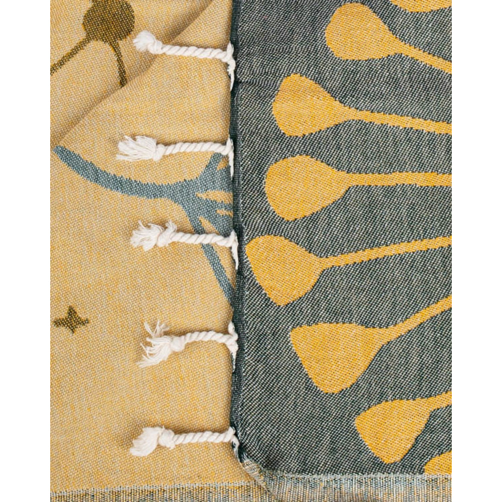 Close-up of a beach towel with geometric multi-colored beige, gold and blue designs on a neutral background