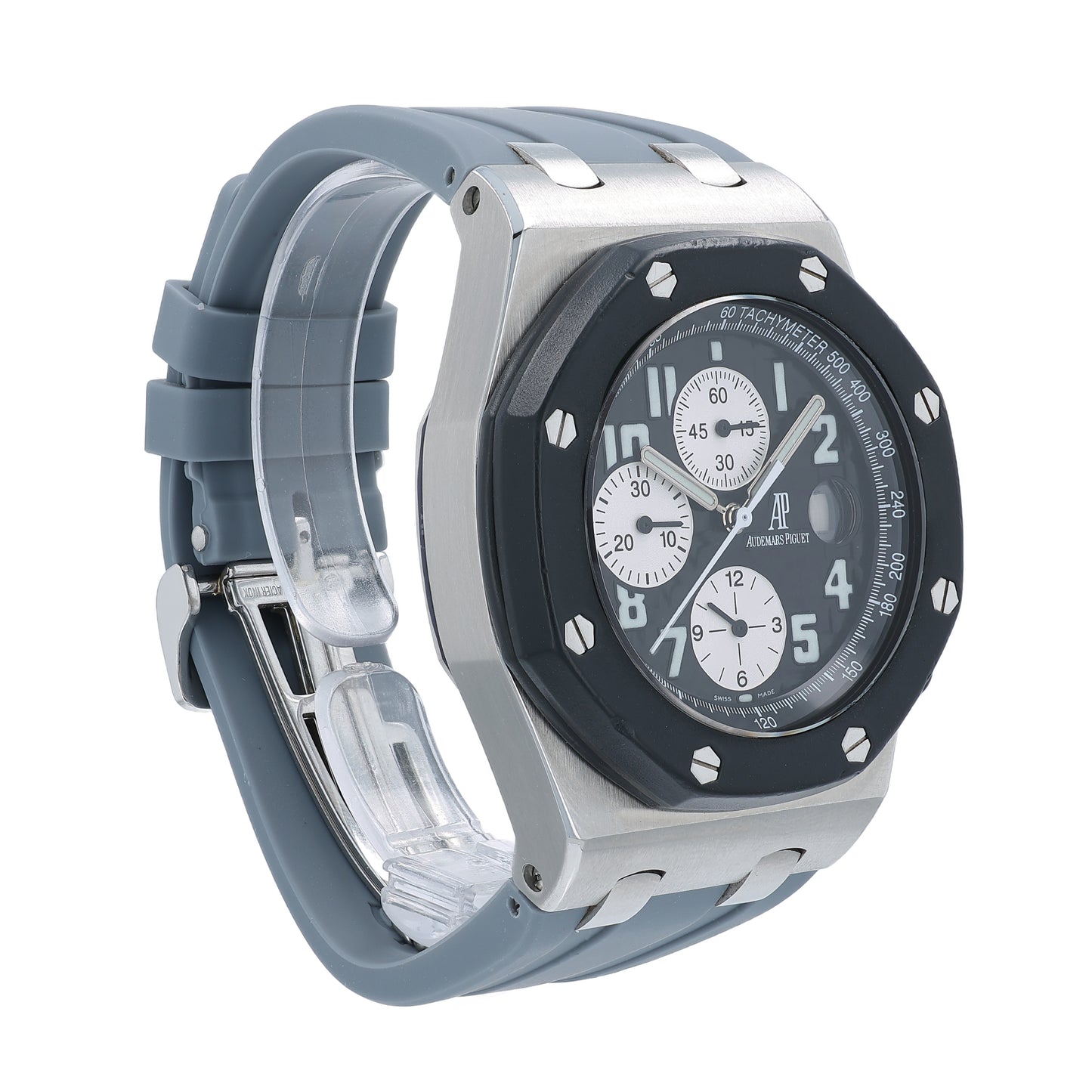 Audemars Piguet watch with a textured black dial and silver case on a white background