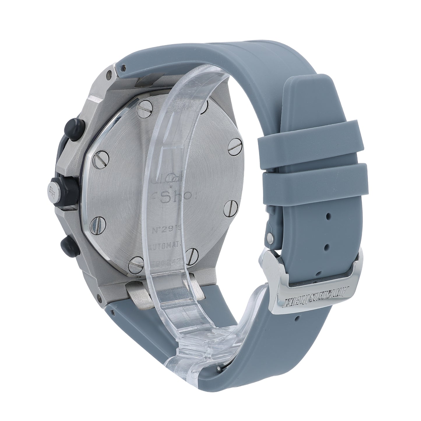 Audemars Piguet watch with a textured black dial and silver case on a white background