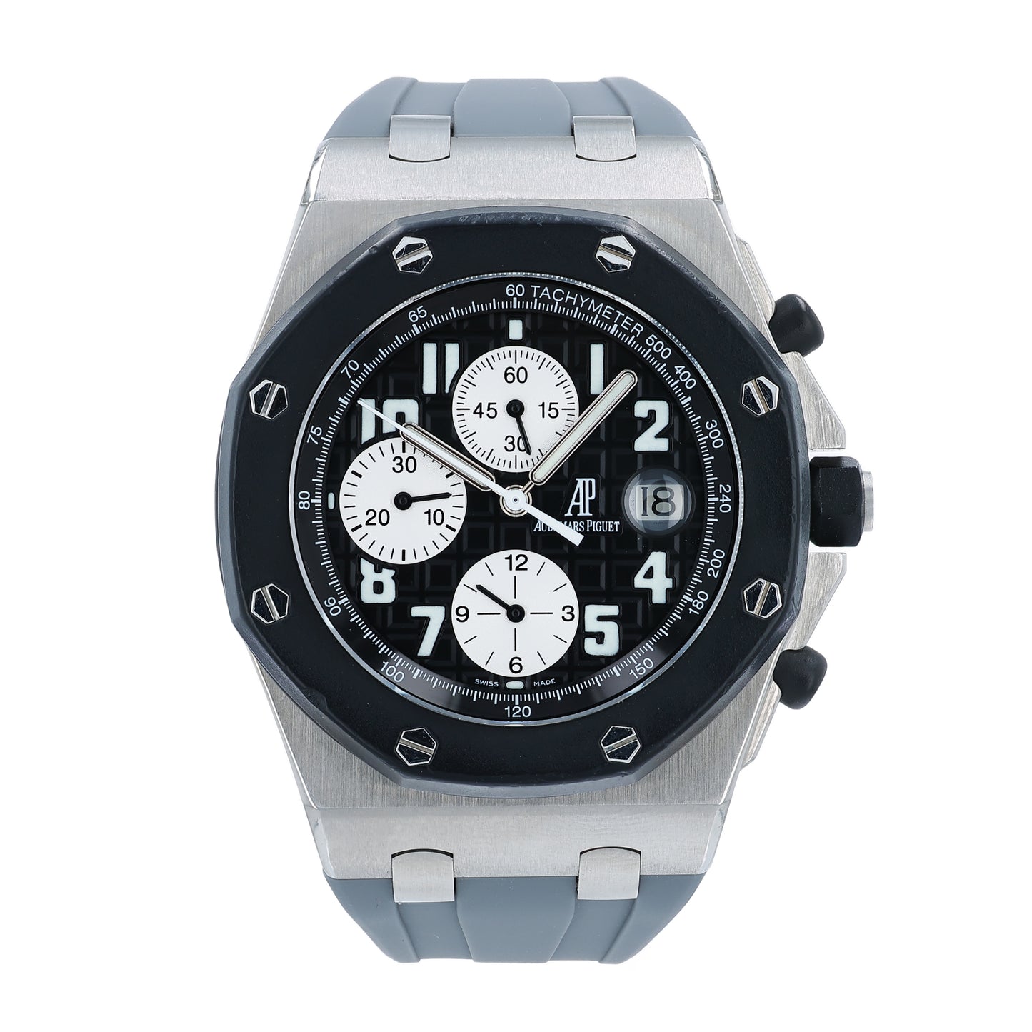 Audemars Piguet watch with a textured black dial and silver case on a white background