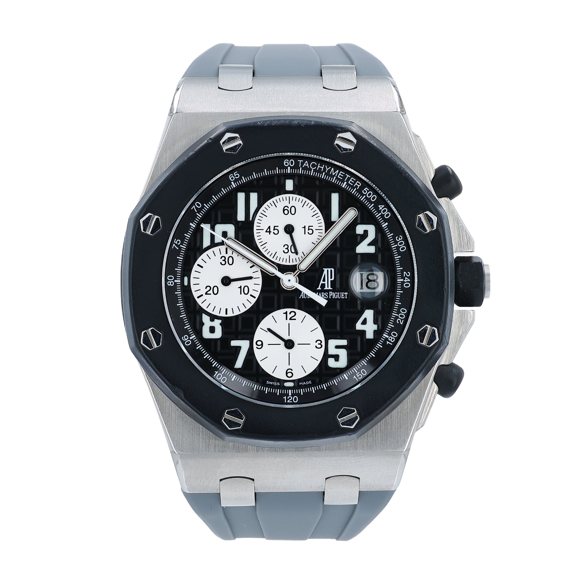 Audemars Piguet watch with a textured black dial and silver case on a white background