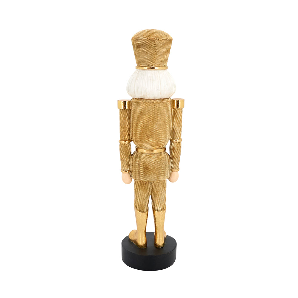 A gold nutcracker figurine shown from the back, featuring a gold mesh-textured uniform, white hair, and a black circular base on a plain white background.