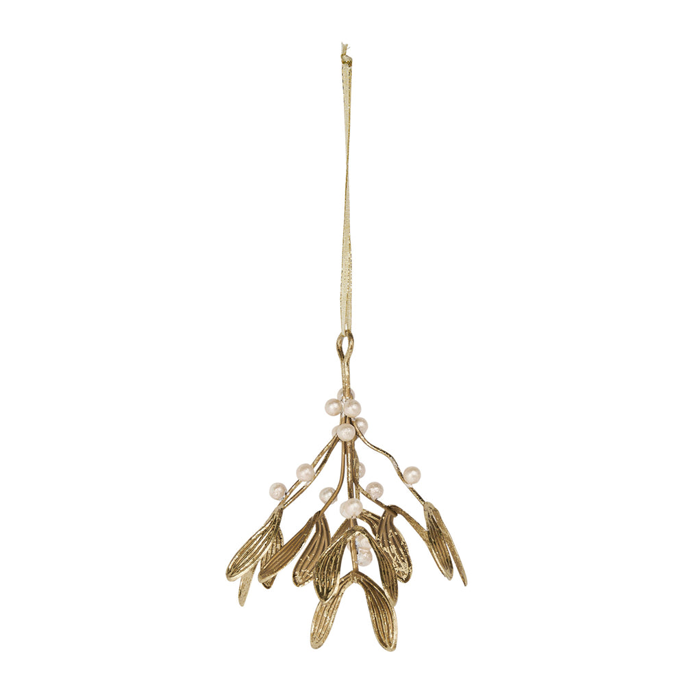 A hanging holiday ornament shaped like mistletoe branches with metallic gold-toned leaves and small white pearl-like accents, suspended from a thin gold string on a plain white background.