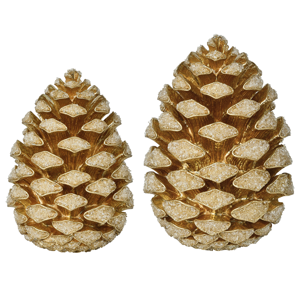 Two decorative pinecones in different sizes, finished with a textured glittery gold and champagne finish, set against a plain white background.