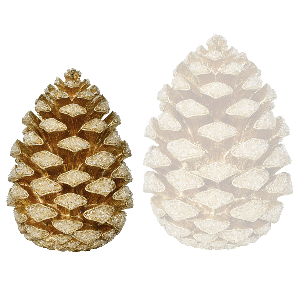 Two decorative pinecone ornaments on a plain white background, one with a metallic gold finish and one with a frosted off-white finish.