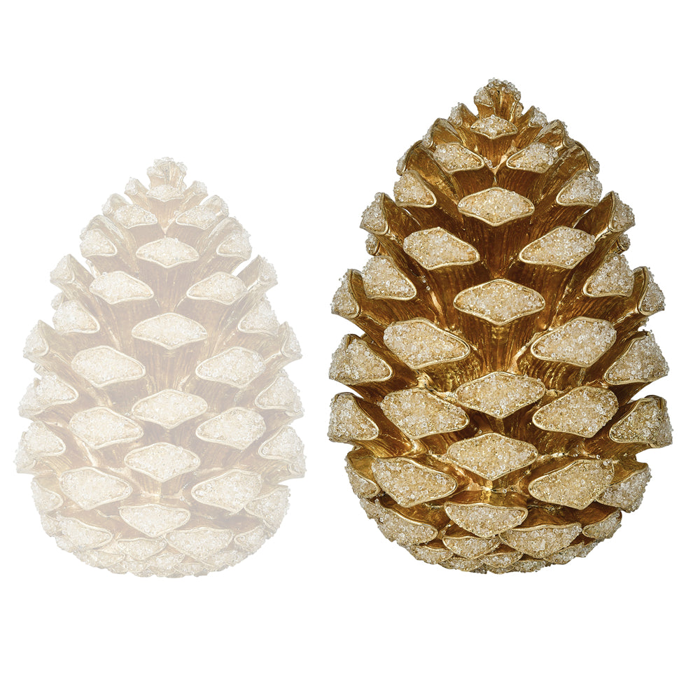 Two decorative pinecones on a white background, one in metallic gold with glitter and one in frosted off-white.