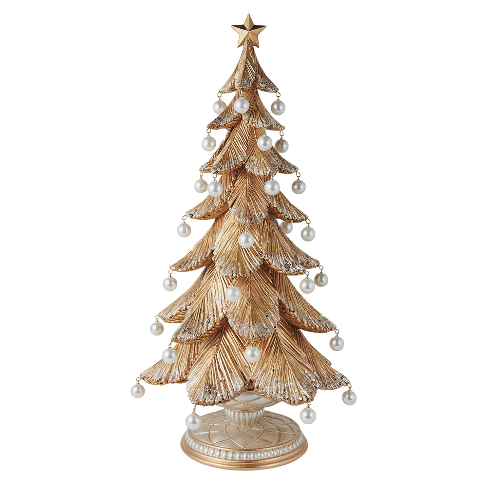 A decorative gold Christmas tree with layered metallic branches, white pearl-like ornaments, and a gold star topper, shown on a plain white background.