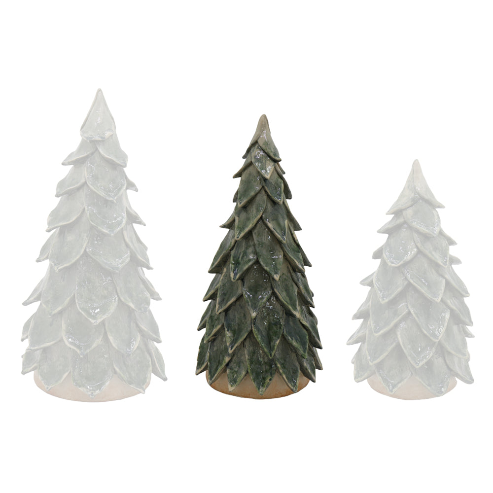Three decorative tree-shaped ornaments on a white background: two white textured pines and one green textured pine in the center.