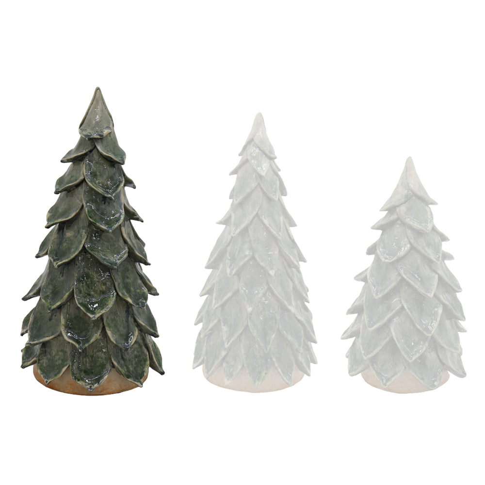 Three ceramic Christmas tree figurines with textured, layered scales, shown in dark green, light gray, and white on a plain white background.