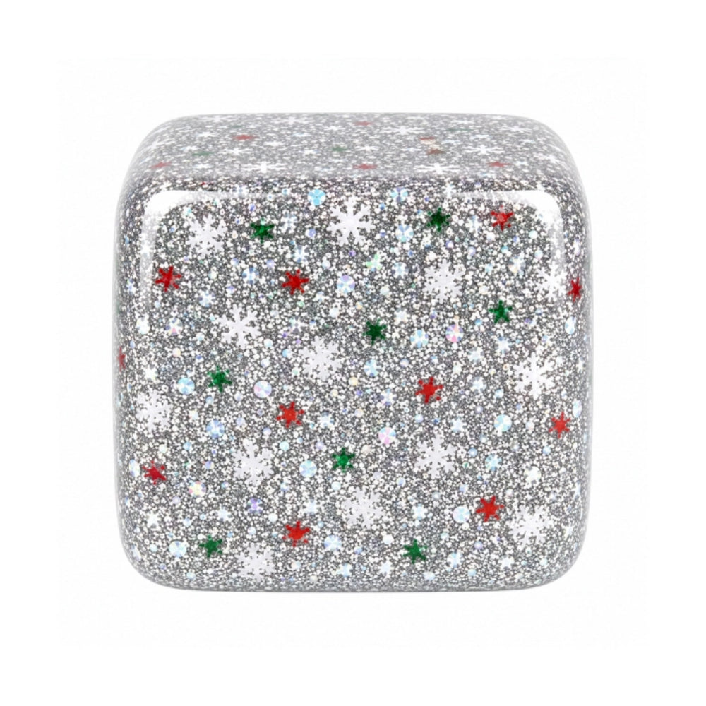 A square silver-toned squishy covered in sparkling rhinestones, with small scattered red and green stones, shown on a plain white background.