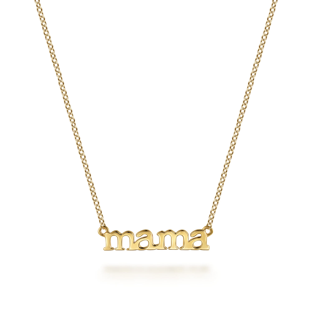 gold mama pendant necklace on white background