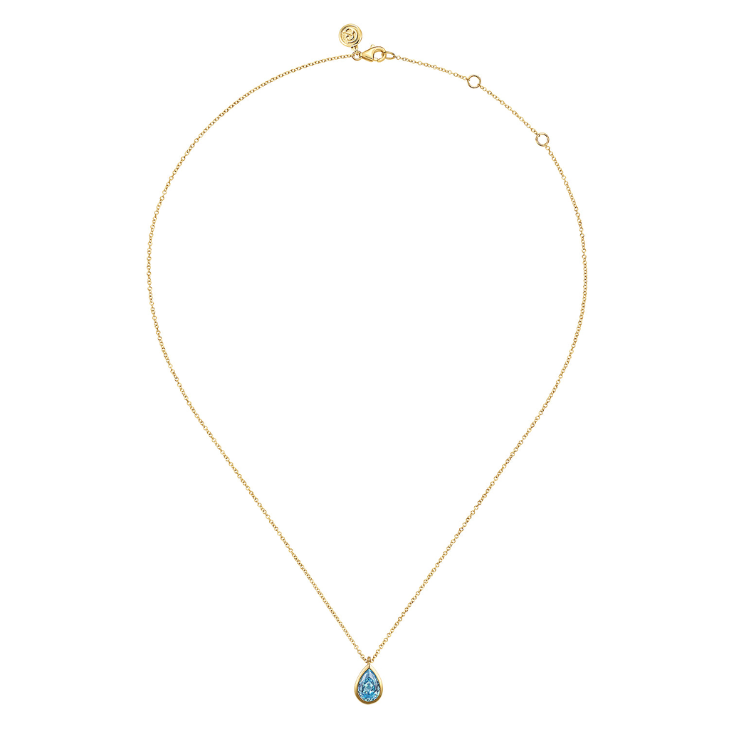 gold necklace with blue stone center on white background