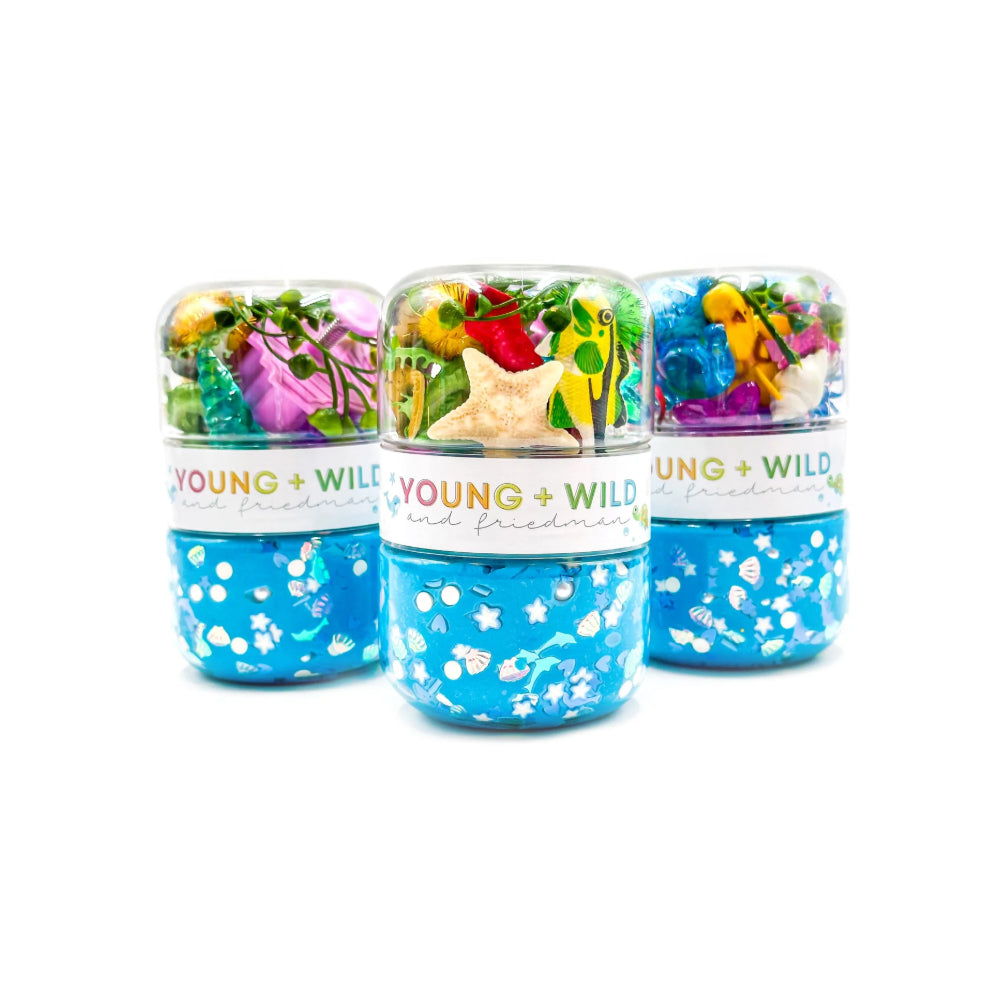 Three colorful slime 'Young & Wild' branding on a white background