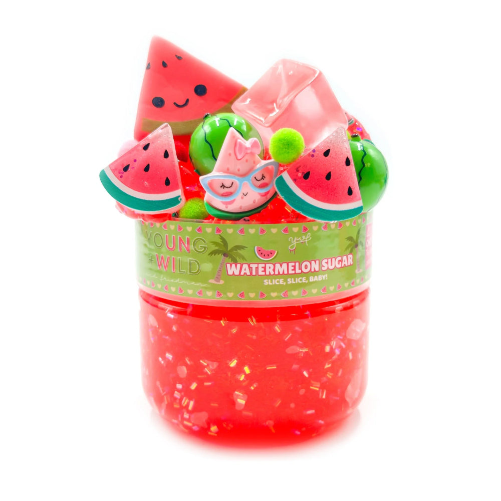 Jar of 'Watermelon Sugar' slime on a white background