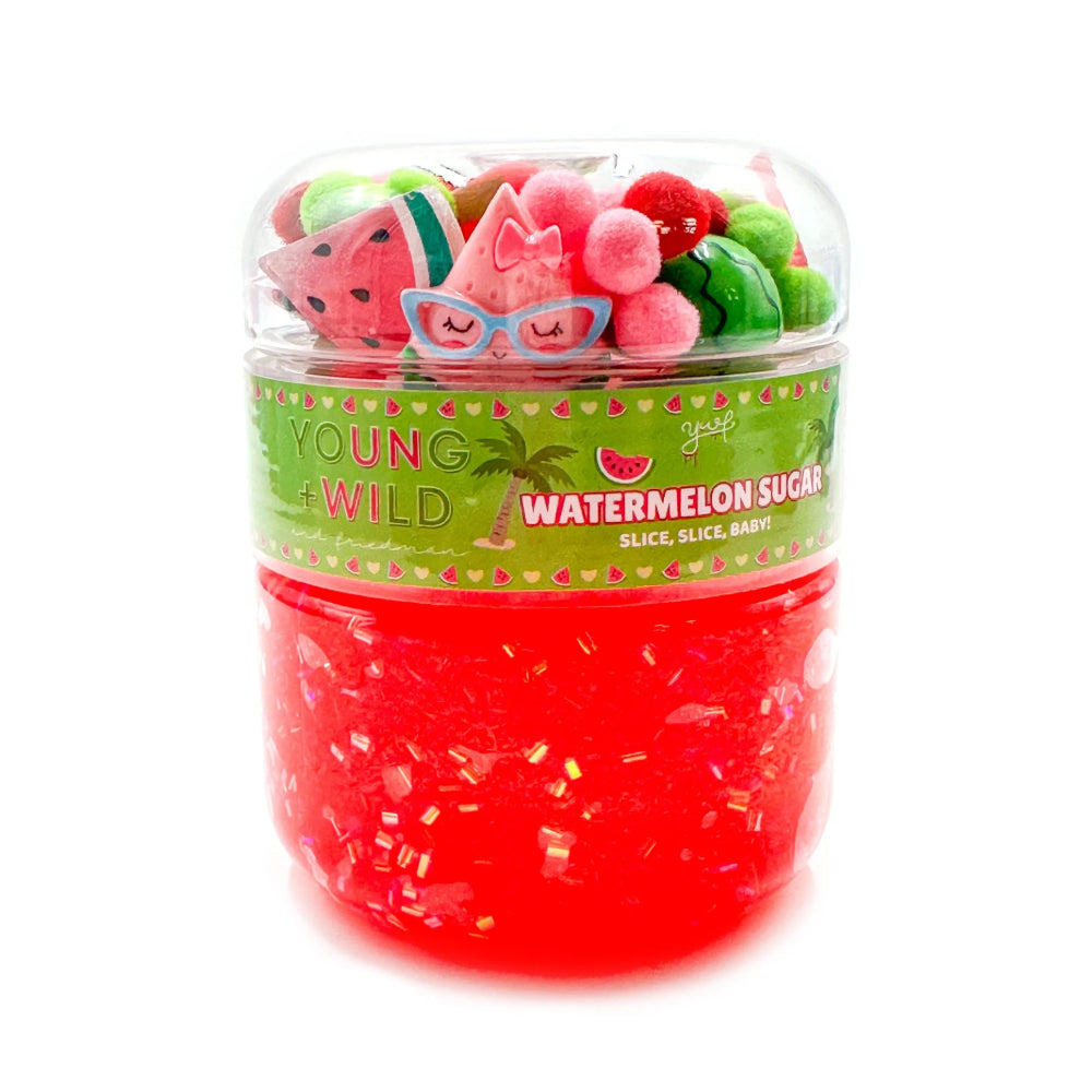 Jar of watermelon slime on a white background