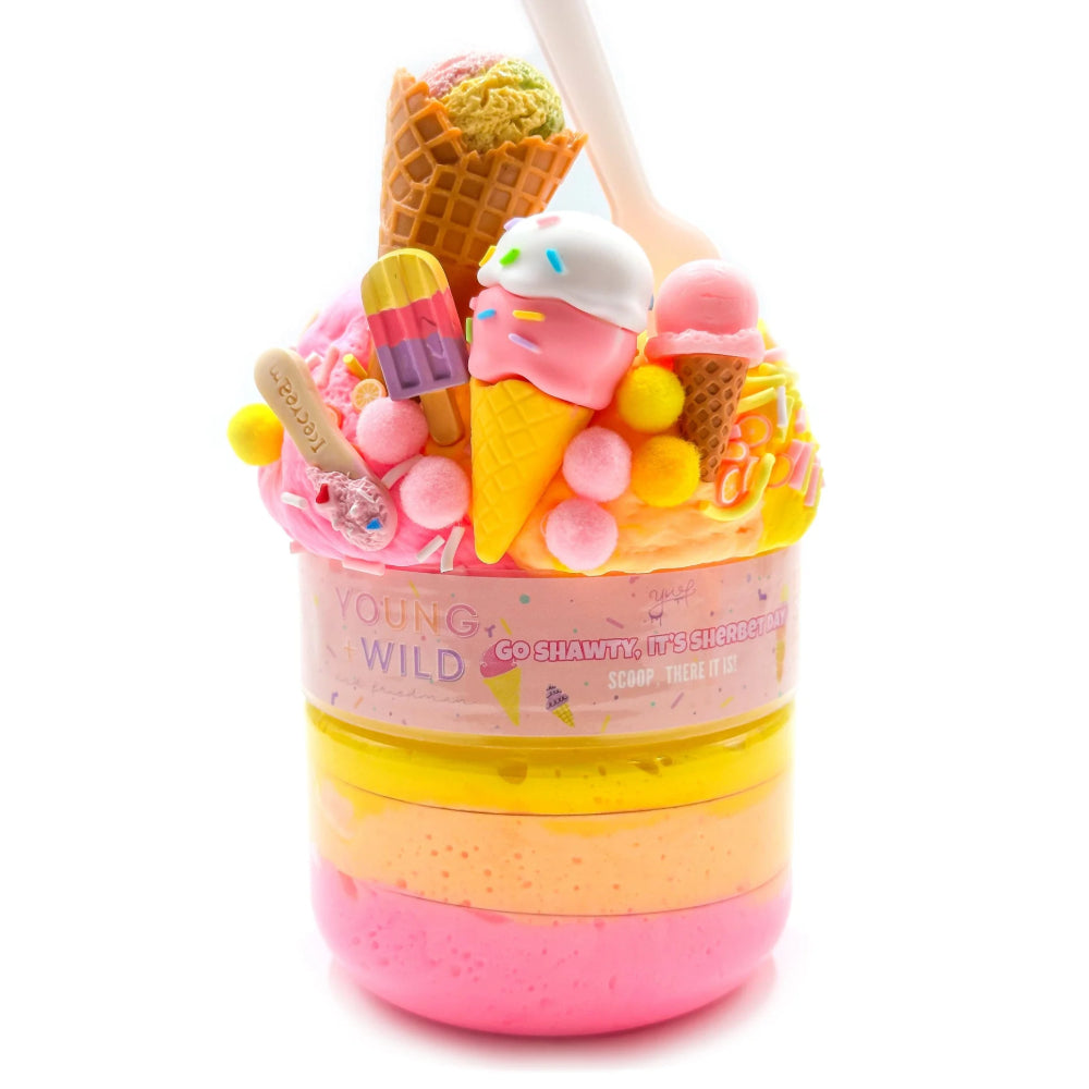 Colorful ice cream-themed slime container with ice cream cone and popsicle decorations on a white background