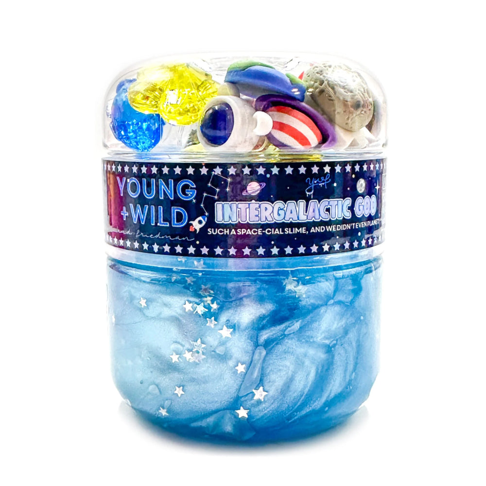 Jar of blue slime with space-themed decorations and 'Young & Wild' label on a white background