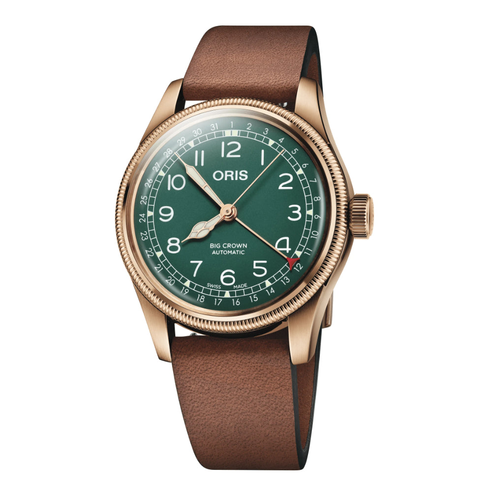 Oris watch with green dial and brown leather strap on a white background