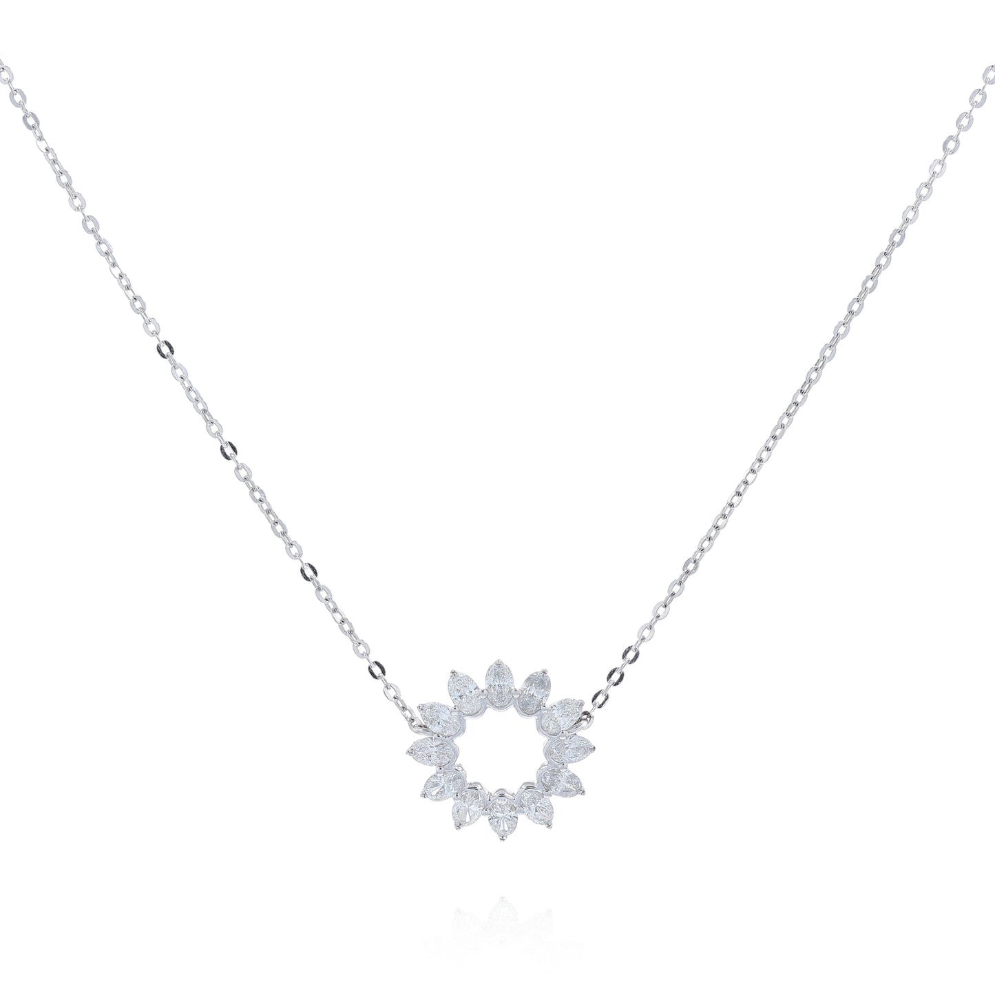 White gold oval diamond open circle pendant necklace on a white background