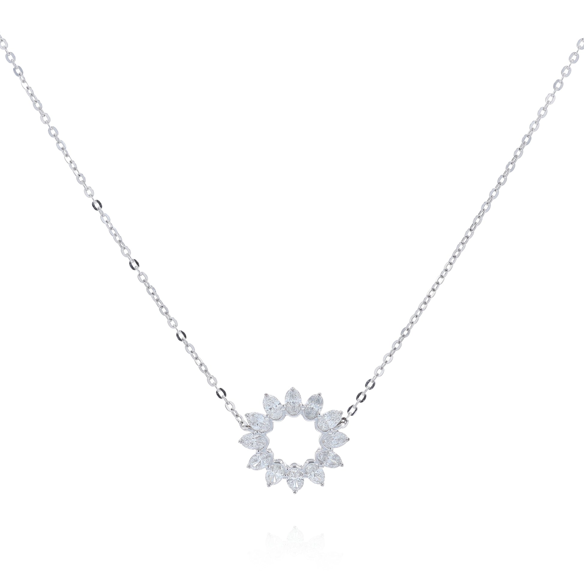 White gold oval diamond open circle pendant necklace on a white background