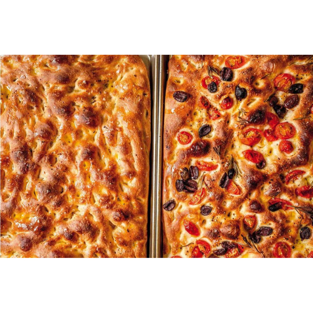 Two different types of baked goods, one with a golden crust and the other with visible fruits and herbs, on a white background.