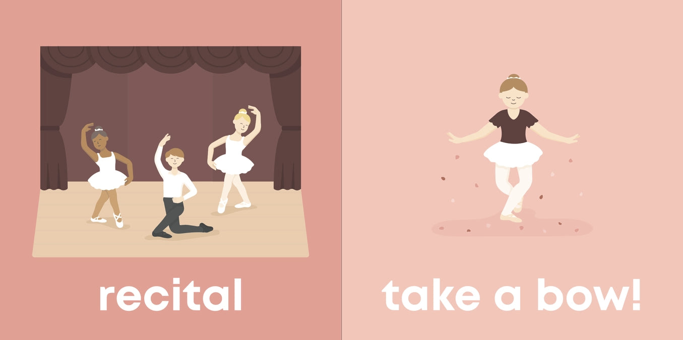 Illustration of children on a stage with text 'recital' and 'take a bow!' on a pink background.
