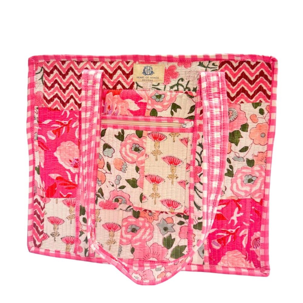 Heart of Grace Pink Petal Large Quilted Zipper Tote Bag