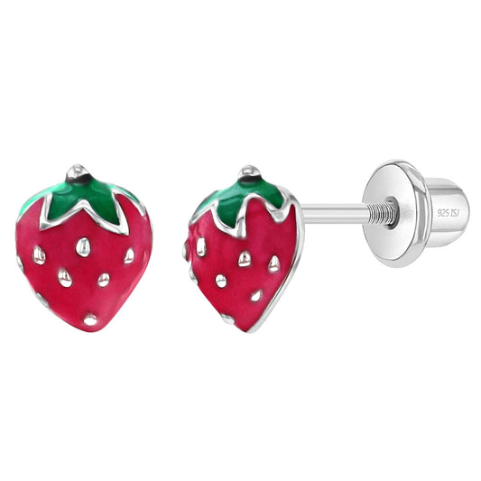 Children's Sterling Silver Enamel Strawberry Stud Earrings- Red