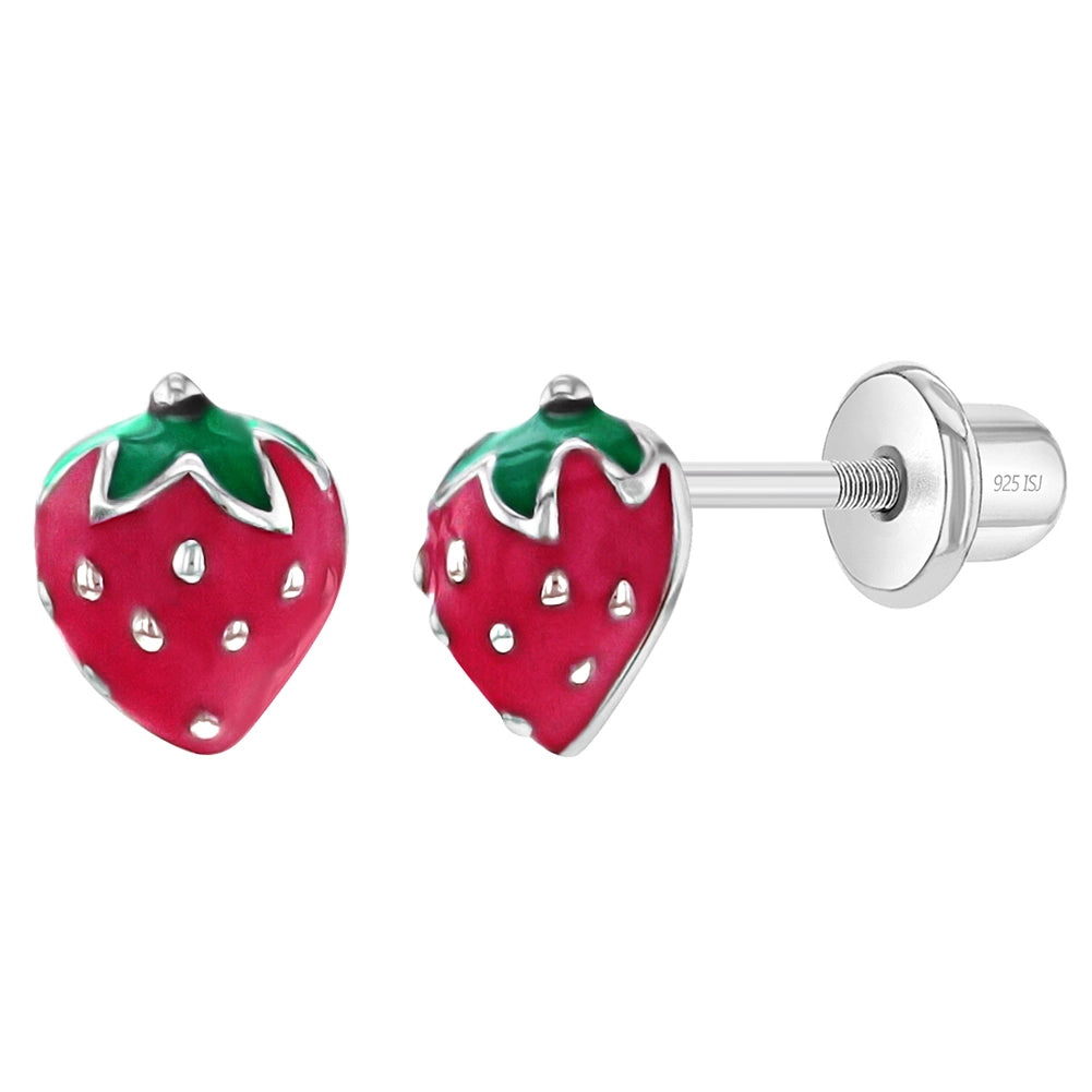Children's Sterling Silver Enamel Strawberry Stud Earrings - Red