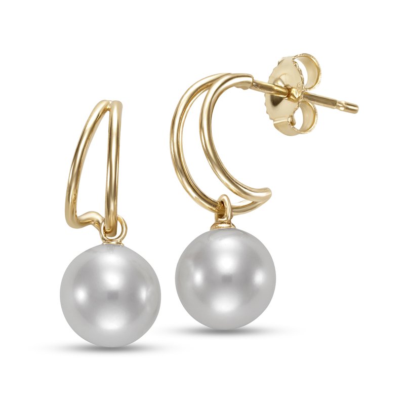 A pair of gold hoop earrings with dangling white pearl drops, shown on a clean white background. One earring is oriented to show the post and back, while the other is shown from the front.