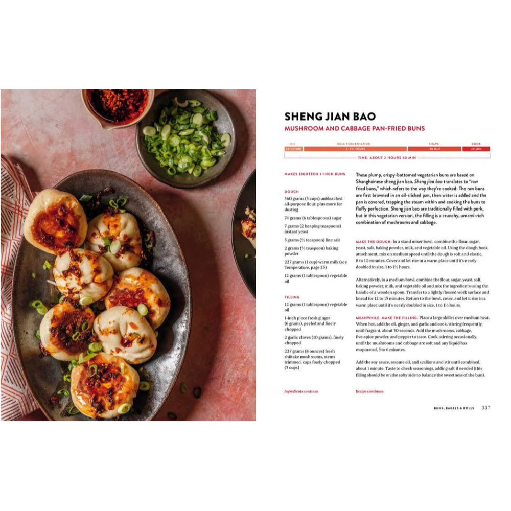 Plate of food with a recipe card titled 'Sheng Jian Bao' on a white background