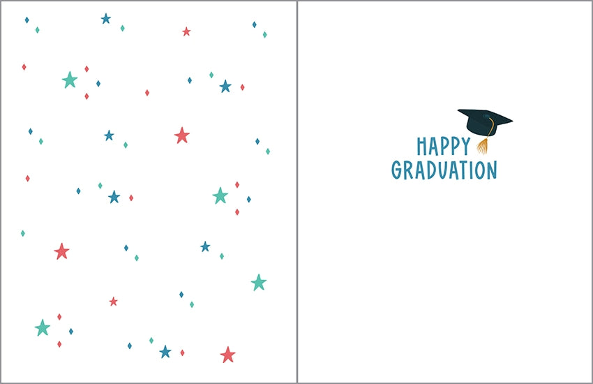 Graduation-themed card with colorful stars on one side and 'Happy Graduation' text with a cap on the other.
