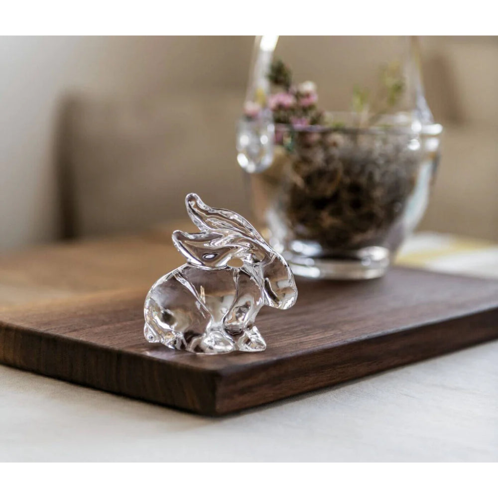 Clear rabbit figurine on a wooden surface with a blurred background
