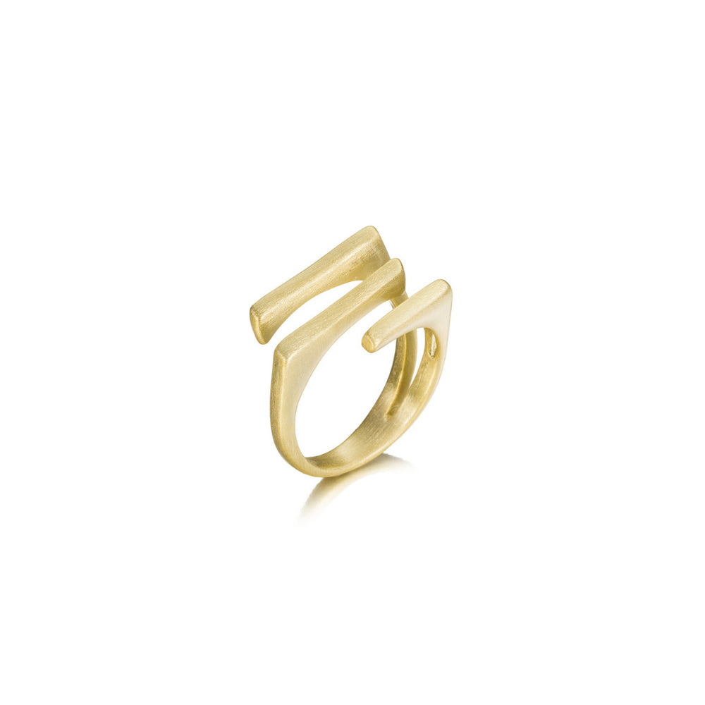 A gold-plated open wrap ring with a modern, minimalist design, shown on a clean white background with a soft shadow.