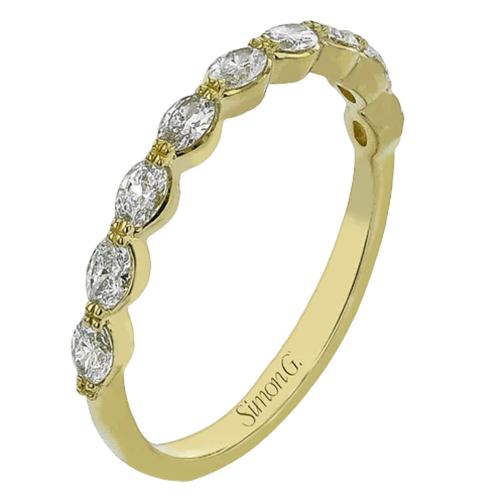 Gold ring with diamonds on a white background, featuring the brand 'Simon G'.