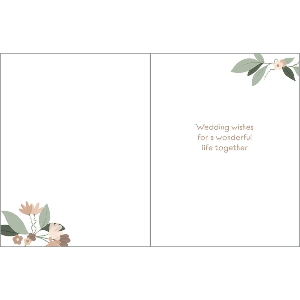 Text sying "wedding wishes for a wonderful life together" with floral design on white background. 