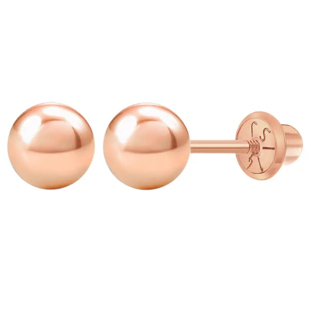Children's 14k Rose Gold Classic 3mm Ball Stud Safety Screw Back Earrings